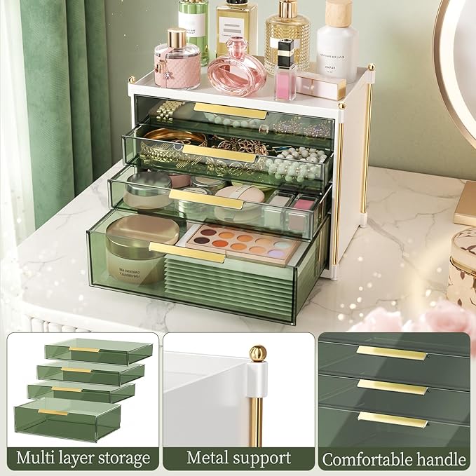 Aveniee 4 Drawers Makeup Organizer- Bathroom Organizers and Storage, Plastic Bins Countertop Perfume Vanity Desk Organization for Cosmetic, Skincare, Face Mask, Jewelry, Green