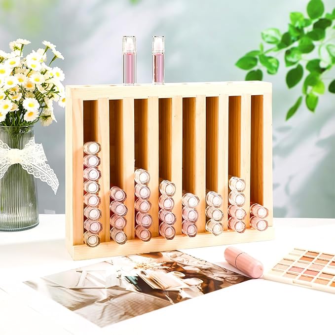 Wonderjune 1 Pcs Wooden Lipsticks Holder 0.7 inch Lip Balm Tube Holder Lip Gloss Organizer Display Wood Lipsticks Tube Tower Organizer for Market Craft Booth Room Display (8 Slot)
