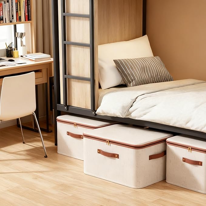 Tuza 3 Pcs Rigid Storage Bins with Zipper Lid, Cotton Linen Fabric Storage Boxes, Foldable Shelves Clothes Storage Cubes with Handles for Wardrobe, Closet(Beige, 56L)