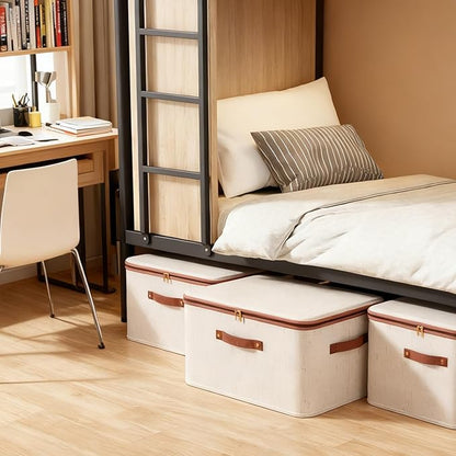 Tuza 3 Pcs Rigid Storage Bins with Zipper Lid, Cotton Linen Fabric Storage Boxes, Foldable Shelves Clothes Storage Cubes with Handles for Wardrobe, Closet(Beige, 56L)
