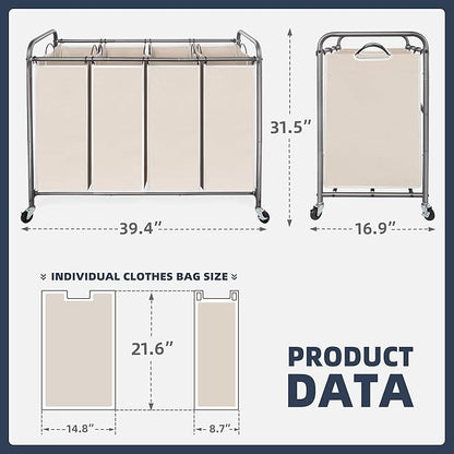 STO STO Laundry Sorter 4 Section, 4 Bag Clothes Hamper, Rolling Laundry Cart Basket with Heavy Duty Lockable Wheels and Removable Bag for Laundry Room, Bedroom, Closet, Beige