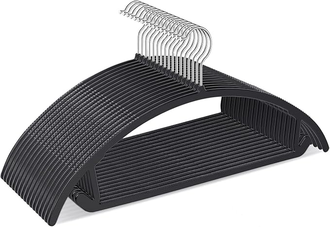 UNEED Hangers 32 Pack, Plastic Non-Slip Black Hangers, No Shoulder Bumps, Curved Design to Protect Clothes Shape (Black)