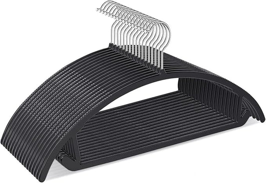 UNEED Hangers 32 Pack, Plastic Non-Slip Black Hangers, No Shoulder Bumps, Curved Design to Protect Clothes Shape (Black)