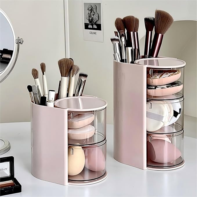 Azurphoric Hair Accessories Organizer with Hair Brush Holder, Rotatable Makeup Brush Holder for Necklaces, Earring, Bracelet, Ring, Makeup Brushes, Hair Clip and Hair Accessories (Pink, 2-Layer)