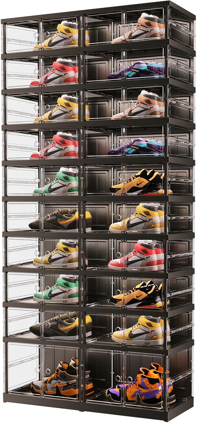 EHAMILY 10 Tiers 20-40 Pairs Foldable Shoe Boxes Large Plastic Shoe Storage Rack Collapsible Shoe Organizer for Closet Clear Stackable Shoes Shelf Storage Cabinet with Doors Quick Assembly Black