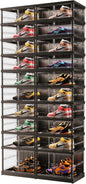 EHAMILY 10 Tiers 20-40 Pairs Foldable Shoe Boxes Large Plastic Shoe Storage Rack Collapsible Shoe Organizer for Closet Clear Stackable Shoes Shelf Storage Cabinet with Doors Quick Assembly Black