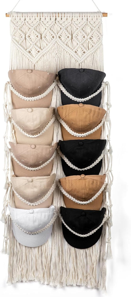Macrame Hat Hangers for Wall Handmade Boho Baseball Cap Hanger Hand Knitting Cap Organizer Hat Holder for Wall Over Door Ball Hat Rack for Decoration Wardrobe Living Room Bedroom