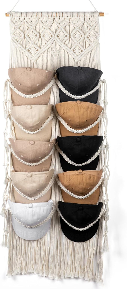 Macrame Hat Hangers for Wall Handmade Boho Baseball Cap Hanger Hand Knitting Cap Organizer Hat Holder for Wall Over Door Ball Hat Rack for Decoration Wardrobe Living Room Bedroom