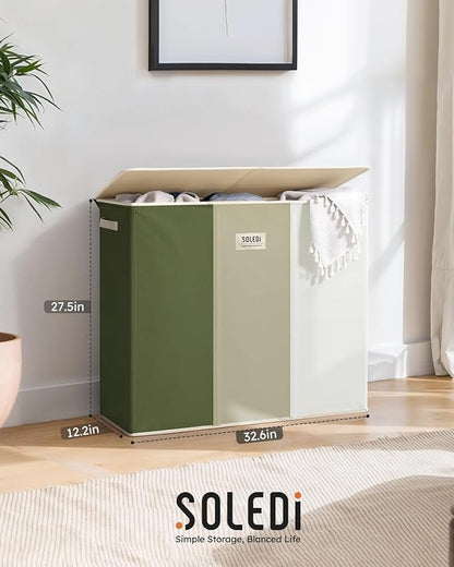SOLEDI 180L 3-Section Laundry Hamper with Lid, Extra Large Dirty Clothes Basket with Sturdy Handles for Laundry Room & Bedroom - Durable Organizer for Sorting Laundry