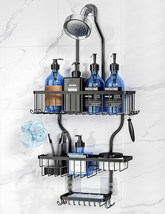 YASONIC Never-Rust Aluminum Hanging Shower Caddy – Over-the-Showerhead Organizer with 10 Hooks for Razor and Sponge – Includes Soap Basket – Black