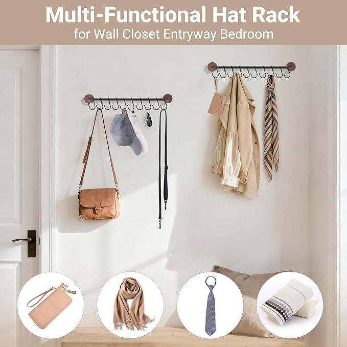Mkono Hat Rack for Wall Hat Organizer for Baseball Caps Hanger with 20 Hooks Modern Metal Hat Holder Wall-Mounted Ball Caps Display for Closet Door Bedroom Entryroom Laundry, Set of 2