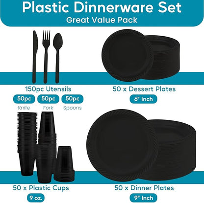 Framo 300 Piece Disposable Black Tableware Set for 50 Guests - Microwavable Plastic Dinnerware Set of 50 9” Plates, 50 6” Dessert Plates, 50 9oz Cups, 50 Spoons, 50 Forks, 50 Knives
