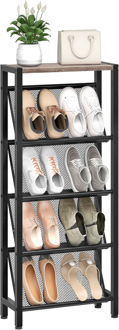 CHOEZON Shoe Rack, 5-Tier Slanted Shoe Rack, Narrow Shoe Storage Shelf, Slim Shoe Organizer for Entryway, Space-Saving, Wooden Top and Metal Frame, for Entryway, Hallway, Greige and Black TXJ03BG