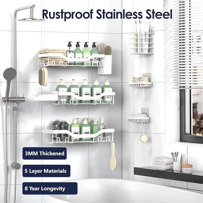 NESOMI Shower Caddy Adhesive Shower Organizer 8-Pack, Rustproof Stainless Steel Bathroom Shelves, Large Capacity No-Drill Rack Storage Accessories with Soap Dish Toothbrush Holder Hooks