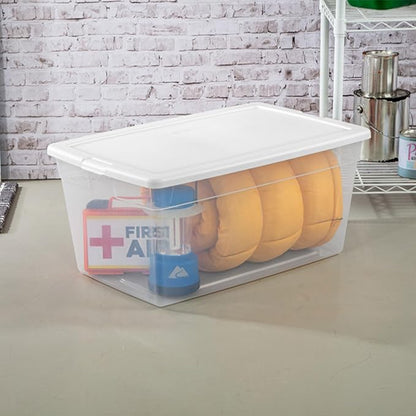 Sterilite 12-Pack 90 Quart Storage Box, Stackable Clear Plastic Bins with Snap-On Lids - Heavy-Duty Organizing Containers for Closet, Bathroom, and Office
