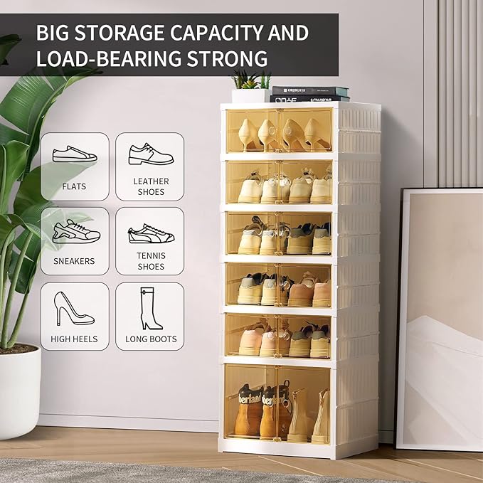 CIMLORD 6-Tier Foldable Shoe Rack Organizer for Closet 12Pairs Plastic Shoe Shelf Collapsible Shoes Storage Box Clear Shoe Boxes Stackable with Door Easy Assembly Shoe Cabinet with Lids Large