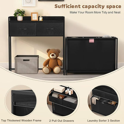 Sonharlar Laundry Hamper with 3 Section Rolling Bags, Laundry Sorter with Wheels, Laundry Basket with 2 Drawer for Laundry Room (Charcoal Black)