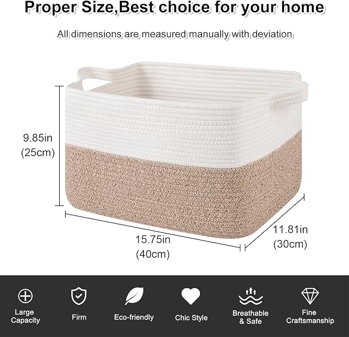 OIAHOMY Woven Storage Basket for Shelves, Rectangle Cotton Rope Baskets for Organizing, 16 x 12 x 10 in, Storage Bins for Dog Toys,Towel,Books,Gift,Brown and White