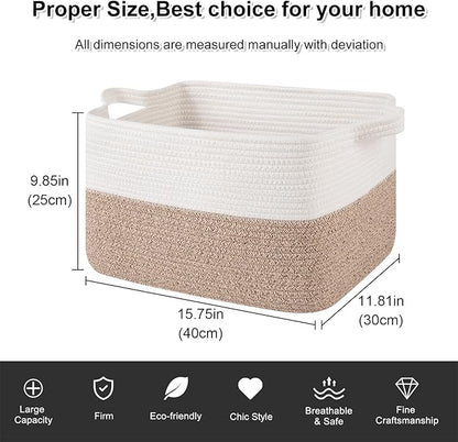OIAHOMY Woven Storage Basket for Shelves, Rectangle Cotton Rope Baskets for Organizing, 16 x 12 x 10 in, Storage Bins for Dog Toys,Towel,Books,Gift,Brown and White