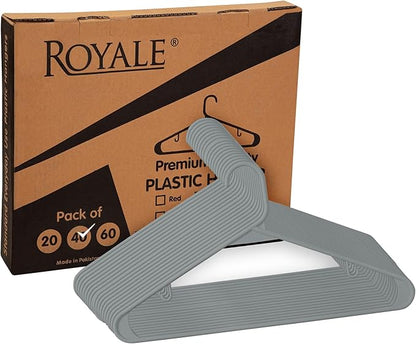 Royale Linens Plastic Hangers 40 Pack - Grey Clothes Hanger with Hooks – Heavy Duty Space Saving Coat Hangers Ideal for Everyday Use for Tops, Skirt, Dress, Shirts, Pants