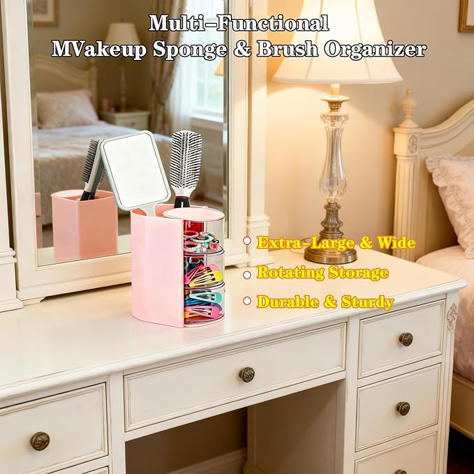 Rotating Hair Accessories Organizer & Makeup Brush Holder - 3-Tier Jewelry Storage Box for Earrings, Necklaces, Bracelets, Rings, Hair Clips (Pink)