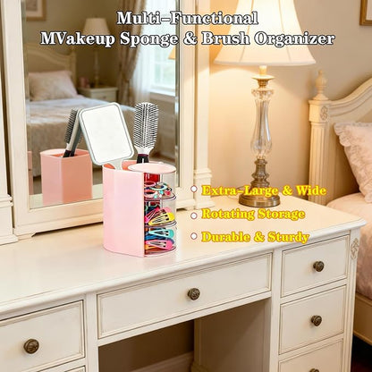Rotating Hair Accessories Organizer & Makeup Brush Holder - 3-Tier Jewelry Storage Box for Earrings, Necklaces, Bracelets, Rings, Hair Clips (Pink)
