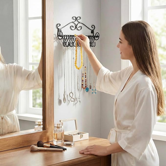 MyGift Jewelry Organizer - Wall Mounted Black Metal Scrollwork Design Necklace Holder Jewelry Display Storage Rack with 20 Hanging S-Hooks