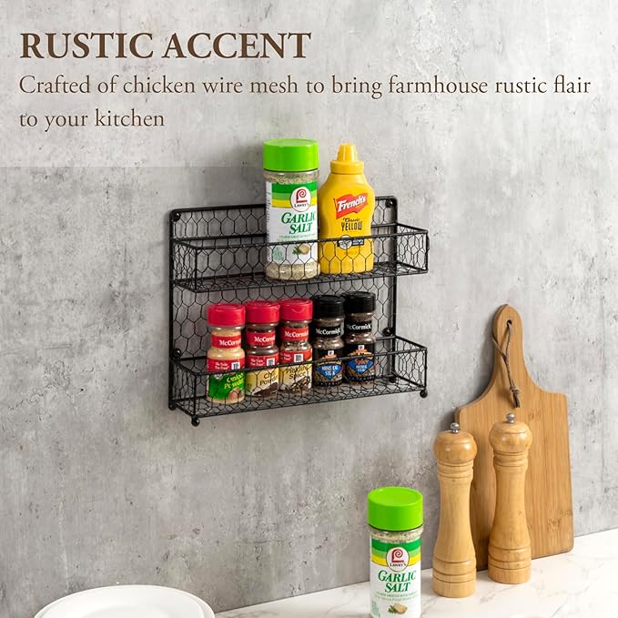 MyGift Spice Rack Wall Mount, Counter 2 Tier Spice Rack, over the Stove Seasoning Jar Storage Organizer, Black Metal Wire, Kitchen Farmhouse Style