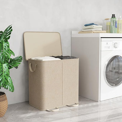 Lifewit Double Laundry Hamper with Lid and Removable Laundry Bags, Large Collapsible 2 Dividers Dirty Clothes Basket with Handles for Bedroom Laundry Room Closet Bathroom College, 144L Beige