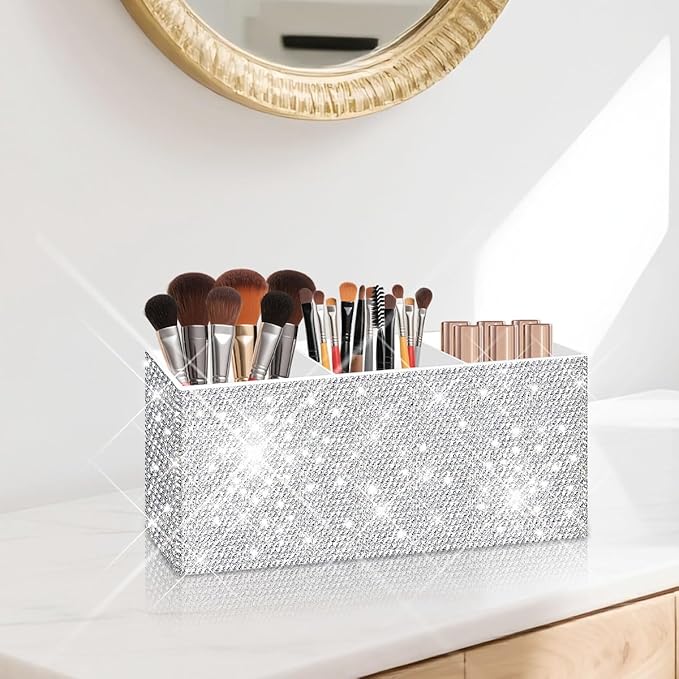 Bling Makeup Brush Holder Organizer, 3 Slot Sparkle Cosmetics Brushes Storage Holders with Shiny Rhinestones, Glitter Cute Pen and Pencil Holder for Desk, Eyeliners Display Case for Vanity（White）
