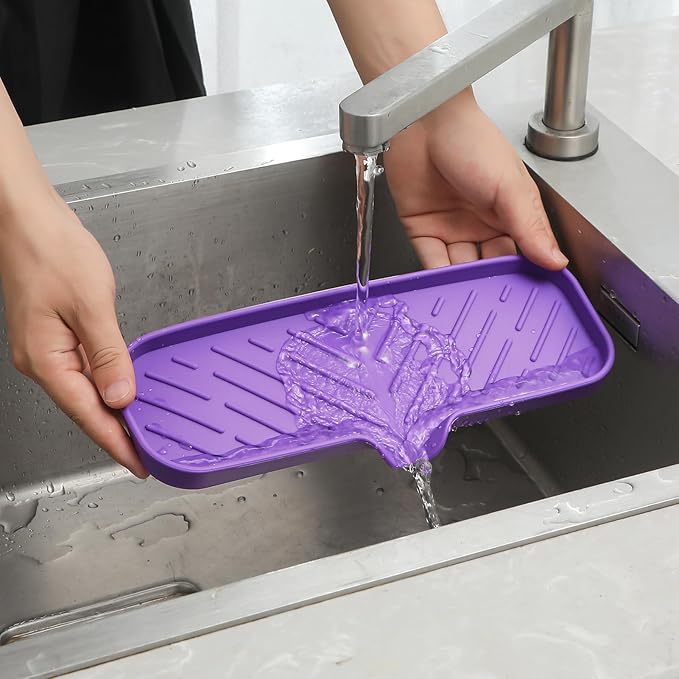 MicoYang Silicone Bathroom Soap Dishes with Drain Spout-Bathroom and Kitchen Sink Organizer,Sponge Holder,Dish Soap Tray,Perfect for Dispenser,Scrubber,Bottle,Cup on Sink or Counter-Purple 12"×4"