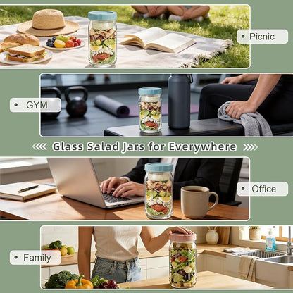 6 Pack Glass Salad Jars with Dressing Cups for Meal Prep, 32oz Leakproof Mason Jars Container with 2 Built-in Compartments for Wet/Dry Separation, Portable Salad Pod for Lunch (6)