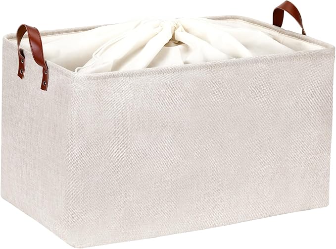 DULLEMELO Large Beige Storage Basket 70L Oversized Canvas Fabric Storage Bin, Collapsible Rectangular Toys Basket Organizer with Handles, 22X15 Storage Container for Clothes, Blankets, Pillows
