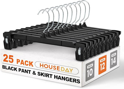 HOUSE DAY Black Pants Hangers, 25 Pack Skirt Hangers with Non-Slip Big Clips and 360° Swivel Hook, Durable Slim Plastic Pant Hanger, Space Saving Clip Hanger for Pants, Skirts, Shorts - 12 Inch