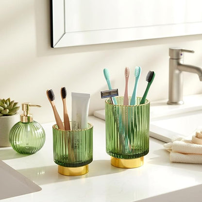2 Pack Glass Makeup Brush Holder Organizer, Crystal Glass Toothbrush Holders, Desk Pen Pencil Holder, Multifunctional Vintage Brush Cup for Desk Vanity Bathroom Bedroom