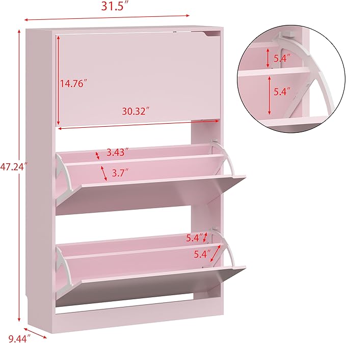 Shoe Storage Cabinet for Entryway, Pink Shoe Cabinet with 3 Flip Drawers, Hidden Shoes Rack Freestanding Storage Organizer for Entryway,Closet, Living Room,Hallway 47.24"H × 31.50"W × 9.44"D