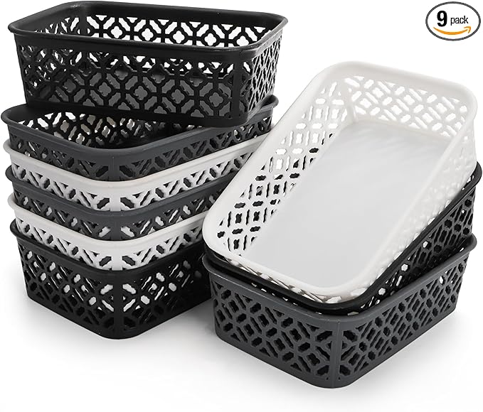 ZEAYEA 9 Pack Small Plastic Storage Basket, Classroom Organizer Baskets for Shelves Desk Drawer, Pantry Woven Basket Bins for Bedroom Closet Office School, 7.7" L x 5.5" W x 2.4" H