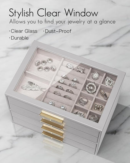 VLANDO 4 Layer Jewelry Box for Women, Glass Lid Jewelry Organizer with 4 Drawers for Necklaces Rings Earrings Bracelets - Grey