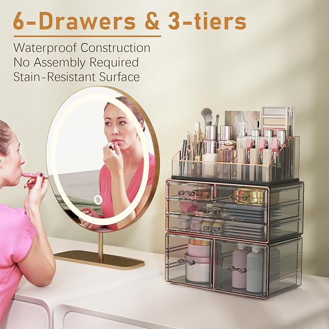 Delamu 3-Tier 6-Drawer Makeup Organizer Countertop Cosmetic Organizer for Dresser and Vanity Bathroom Organizers and Storage for Lipstick Brush Skincare Perfume, Nail Polish, Black with Gilded Borders