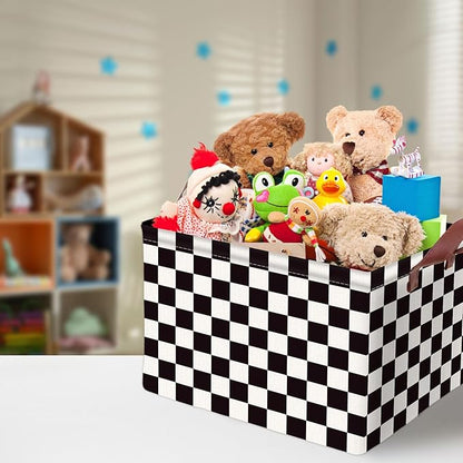 Checkered Storage Basket Waterproof Canvas Toy Storage Bin Race Car Room Decor Collapsible Outdoor Basket with Leather Handles Checkered Decor Car Blanket Baskets For Closets,Bedrooms,Gifts Baskets