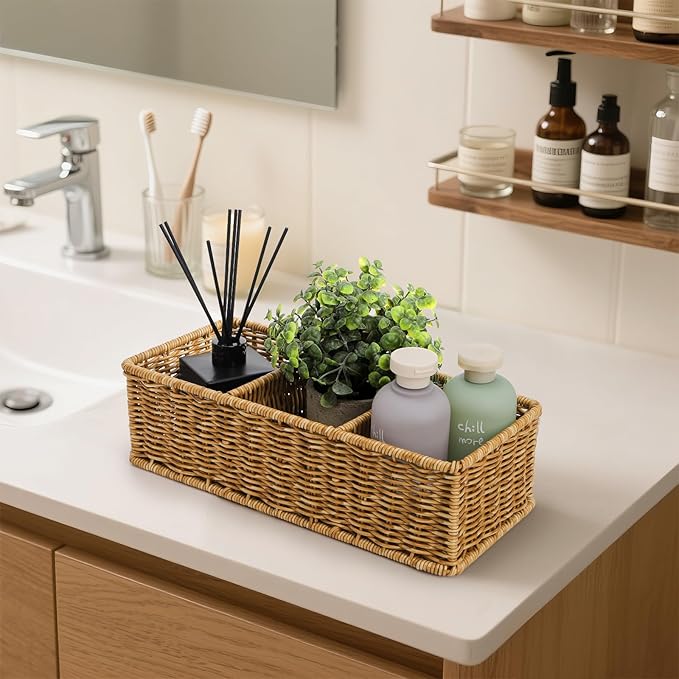 Covzoe 2 Pack Wicker Storage Basket, 3 Compartments Plastic Toilet Tank Topper Woven Basket, Rattan Storage Container Countertop Organizer for Bathroom Bedroom Decor, Tan