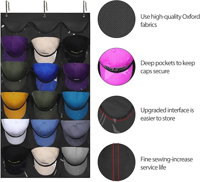 Dofilachy Hat Rack - Hat Organizer - Hat Racks for Baseball Caps, Visible Hat Holder - Baseball Hat Rack for Wall Door with 3 Hooks, 18 Deep Pockets(Black, medium)