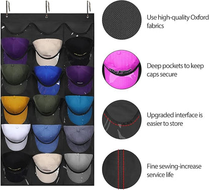 Dofilachy Hat Rack - Hat Organizer - Hat Racks for Baseball Caps, Visible Hat Holder - Baseball Hat Rack for Wall Door with 3 Hooks, 18 Deep Pockets(Black, medium)