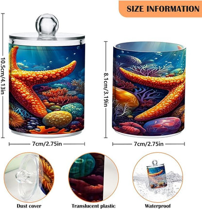 ALAZA 2pcs Orange Starfish Seashell Ocean Qtip Holder Dispenser 14 oz Bathroom Storage Clear Apothecary Jars Containers Cotton Ball,Cotton Rounds,Floss Picks, Hair Clips, Food