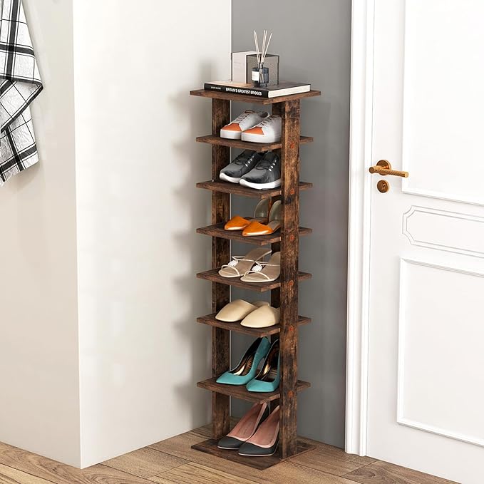 BETTARY 8 Tier Vertical Shoe Rack, Narrow Wooden Corner Shoe Organizer for Small Spaces, Removable Shelves, Anti-toppling Device, Shoe Tower for Entryway, Closet, Bedroom (Rustic Brown, Single Row)