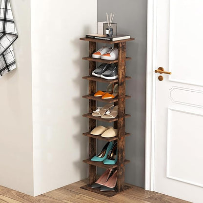 BETTARY 8 Tier Vertical Shoe Rack, Narrow Wooden Corner Shoe Organizer for Small Spaces, Removable Shelves, Anti-toppling Device, Shoe Tower for Entryway, Closet, Bedroom (Rustic Brown, Single Row)