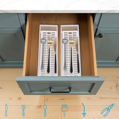 2 Pcs Clear Silverware organizer with lid, Plastic Flatware Storage Box, Kitchen Drawer Organizer tray, Cutlery Utensil Holder for Flatware and Silverware