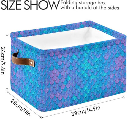Blue Mermaid Scale Storage Baskets,Decorative Collapsible Rectangular Canvas Fabric Storage Bin for Home