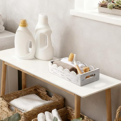 Bathroom Basket for Toilet Tank - White Wood Toilet Basket with Decorative Wavy Panels, Back of Toilet Organizer for Organizing Toilet Paper, Towels, and Bathroom Accessories
