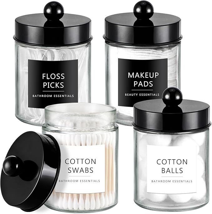 Amolliar 4 Pack Qtips Dispenser Holder - Bathroom Countertop Storage Organizer Containers - Glass Apothecary Jars with Black Plastic Lid for Q-tips Cotton Balls, Swabs, Round Pads, Floss